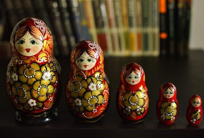 5 red and yellow Russian Nesting Dolls 