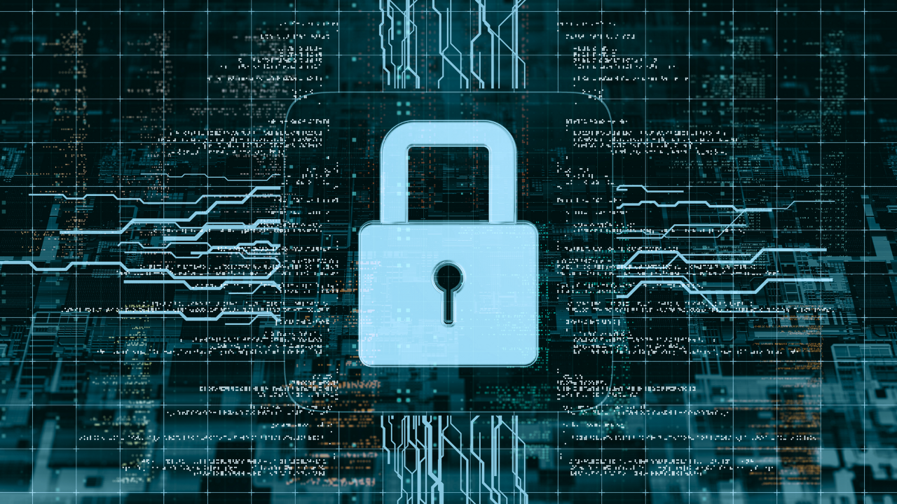 The image showcases a digital concept with a large, central padlock symbol in a light blue color set against a background depicting various abstract, digital patterns. These patterns include lines and circuit-like structures that resemble a printed circuit board (PCB), conveying a high-tech and secure environment. The background is dominated by dark blues and blacks, interspersed with lighter blue and white elements that suggest data flow or electronic activity, fitting for a context related to cybersecurity and system information and event management (SIEM) upgrades.